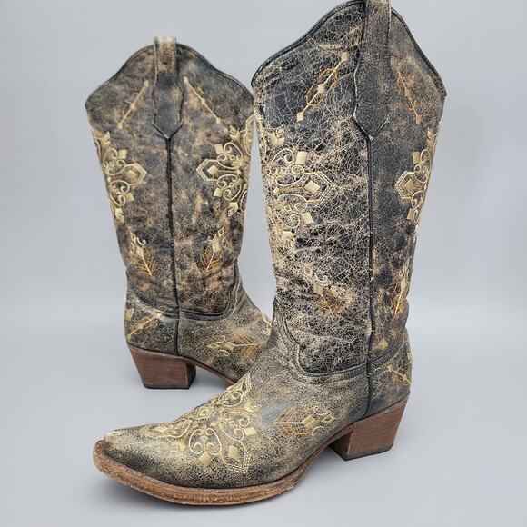 Corral Circle G Women's Black Crackle/Bone Embroidery Snip Toe Leather Boots 9M - Picture 2 of 16